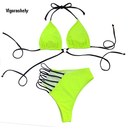 Vigorshely Sexy High Waist Swimwear Women String Bikini Set 2023 Halter Swimsuit Female Brazilian Biquini Bathing Suit Swim Wear
